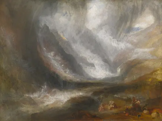 Stormy Alpine valley in swirling greys, whites and ochres: snow, cloud and an avalanche pour down the mountainsides while small figures shelter at the bottom of the picture.