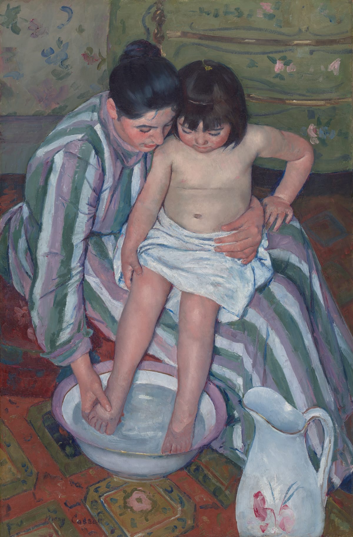 Painting of a woman in a purple, white and green striped dress washing the feet of a small child on her lap in a white basin; a flowered pitcher stands on the patterned rug beside them.