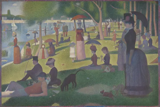 Large painting of people in a crowded park, brushstrokes are dots.