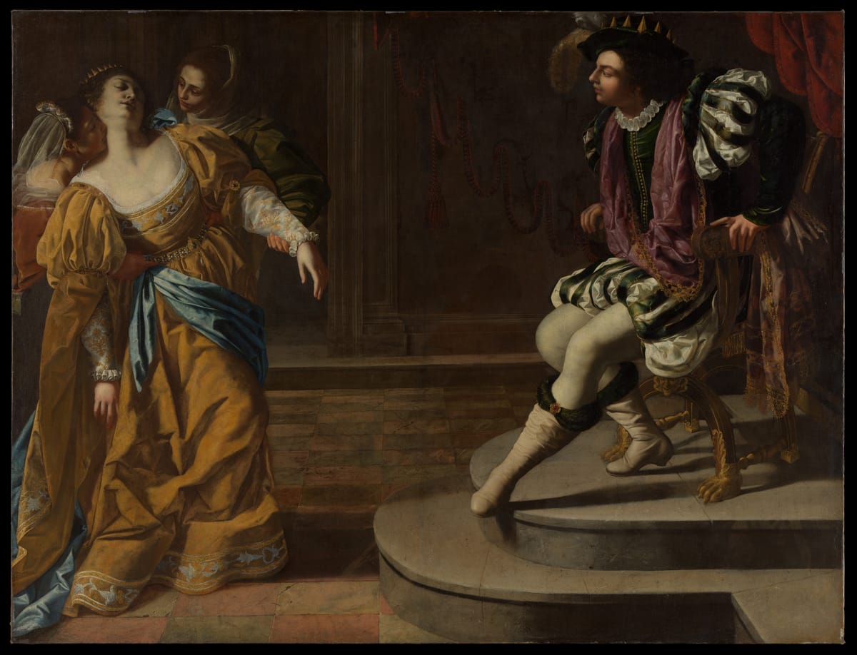 Queen Esther, in a golden-yellow gown with a blue sash, swoons backward into the arms of two attendants at left, while King Ahasuerus, in a plumed hat and rich doublet, starts up from his throne on a stepped dais at right.